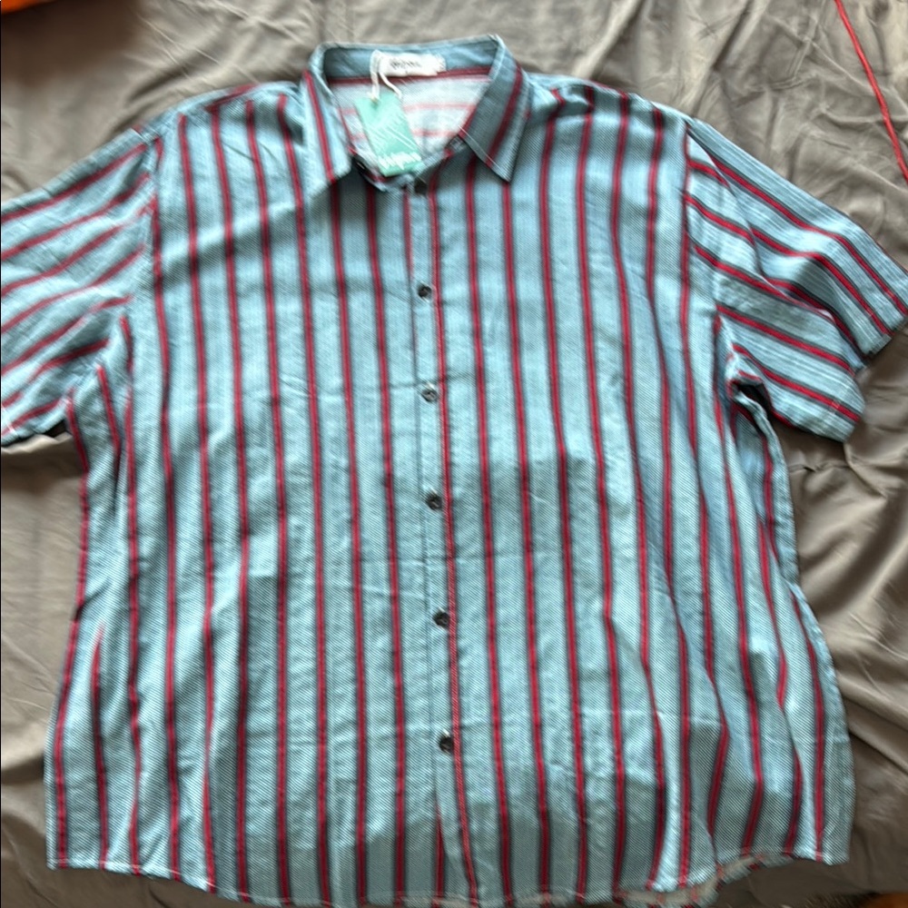 Cuban Style Striped Button-Down Shirt - Blue and Red